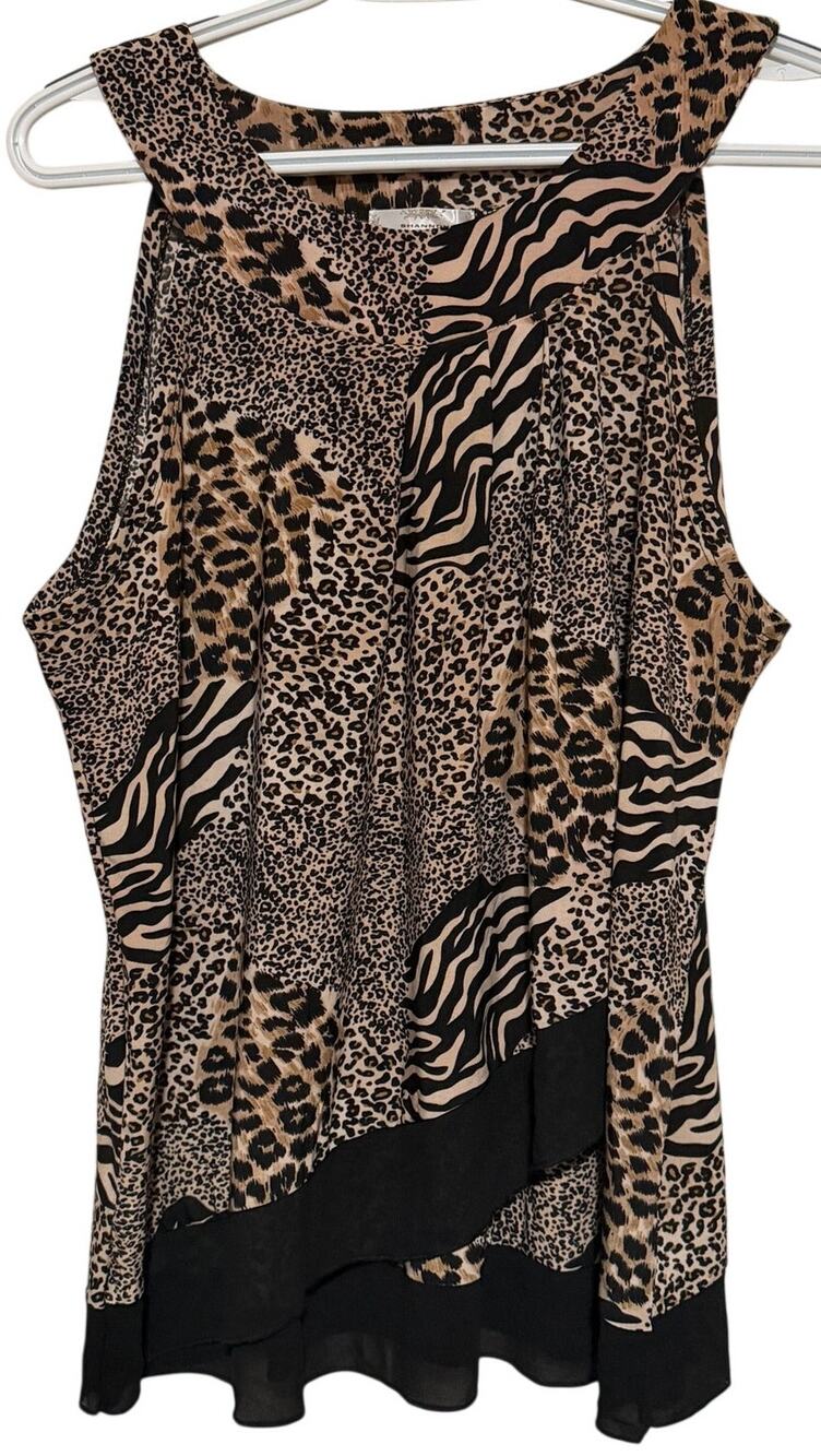 Shannon Ford New York Women's Black Brown Animal Print Overlay Tank Top Size XL